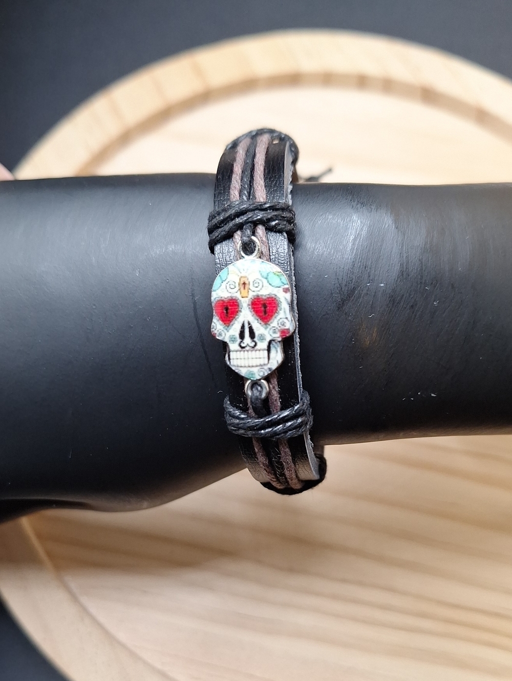 Men's Black and Brown Sugar Skull Cord Bracelet